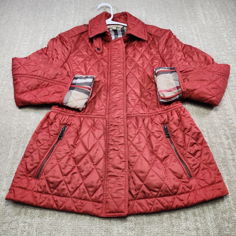 Burberry Brit Jacket Women Medium Diamond Quilted Red Nova Check Lined Full Zip - Picture 2 of 14